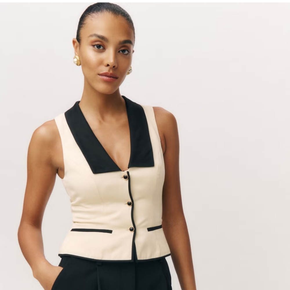 Reformation Reba Button Up Sleeveless Top Sugar and Black Size 4 Women's